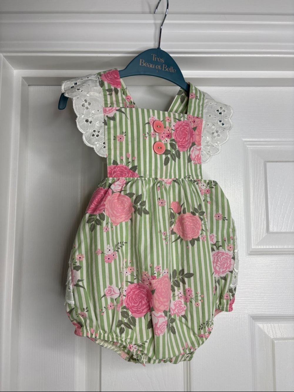 Kelly's Kids Green and Pink Striped Floral Romper with Lace